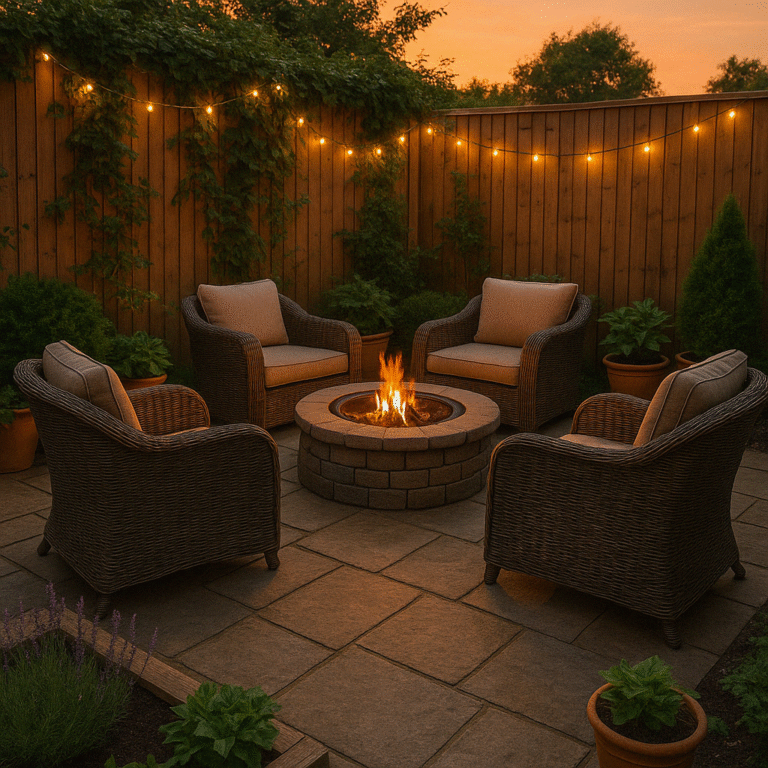 Four wicker chairs circle a lit fire pit on a garden patio, with string lights and greenery along a wooden fence.