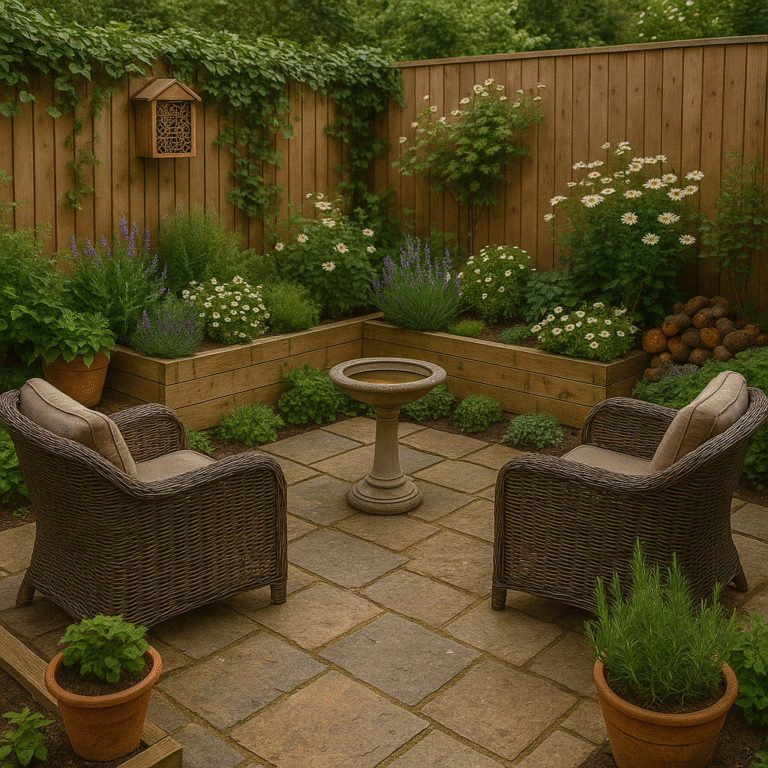 Two wicker chairs and a birdbath on a stone patio, nestled among potted plants and raised beds in the lush garden.