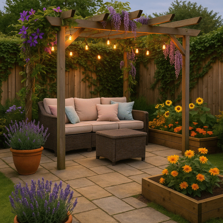 A wicker sofa sits under a pergola with string lights on the patio, surrounded by flowers and wooden planters.
