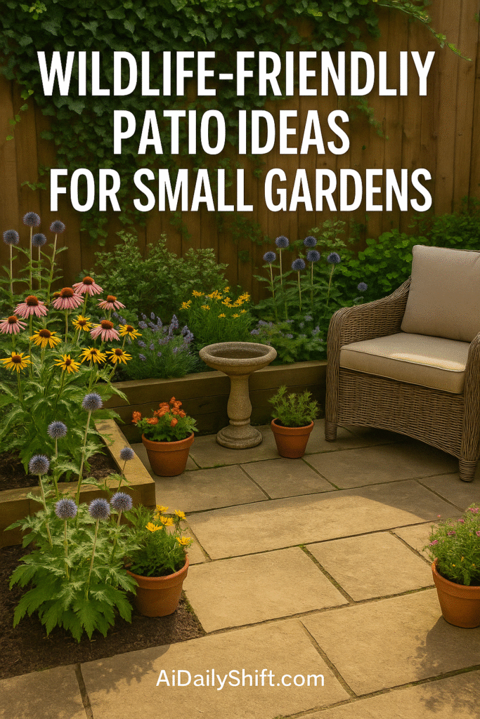A cozy patio garden with potted plants, a wicker chair, birdbath, and colorful flowers beside a wooden fence.