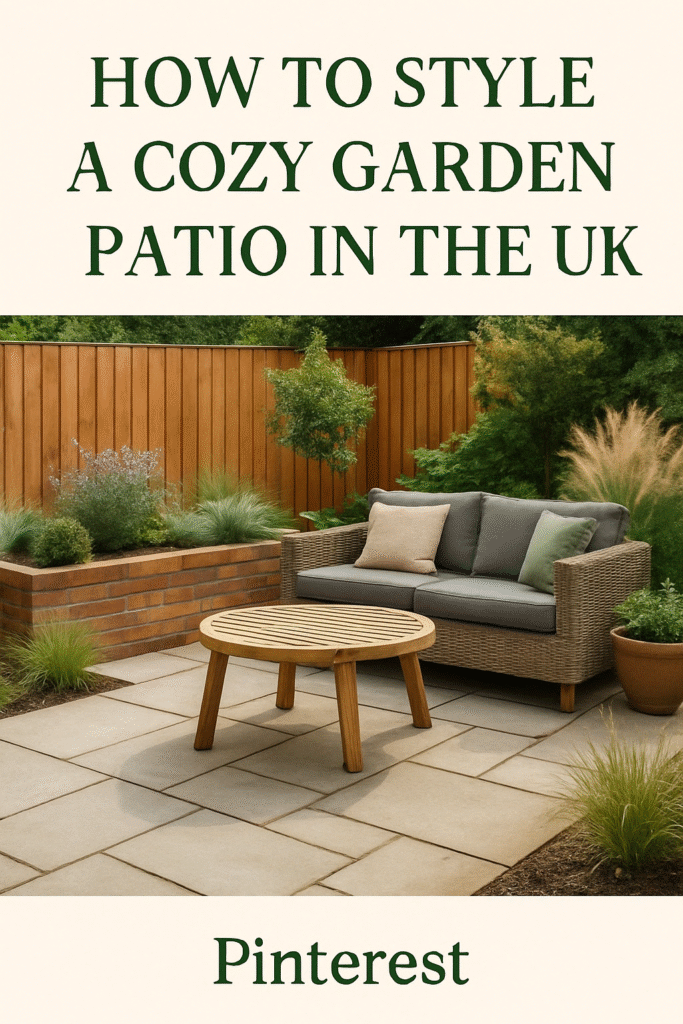 Modern patio with a wicker sofa, round wooden table, and lush garden greenery against a wooden fence; UK garden styling tips.