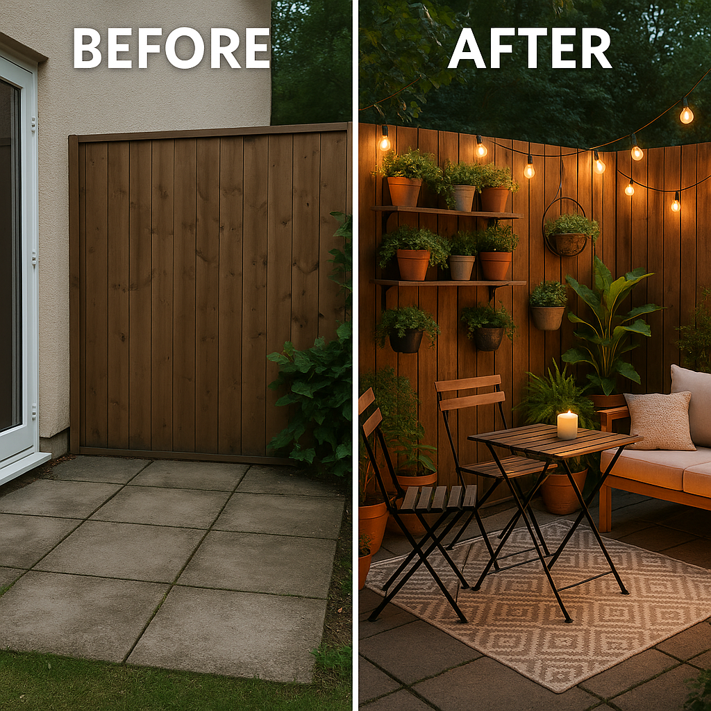 Side-by-side photo showing a small garden patio before and after a makeover, with the after image featuring string lights, potted plants, and cozy furniture.