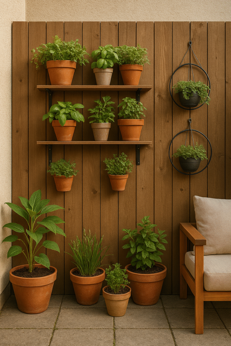 Potted herbs and plants arranged on a Small Garden Patio with shelves and a wooden chair beside a wooden fence.