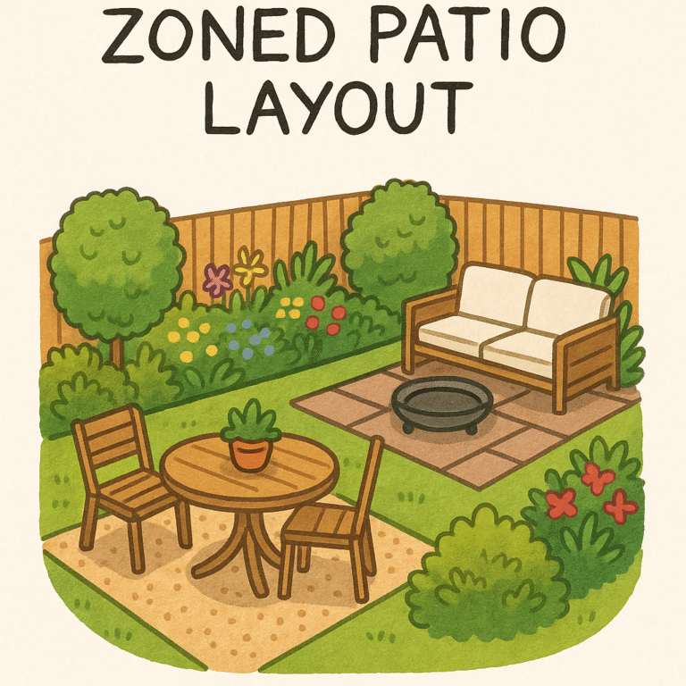 A hand-drawn layout of a small garden patio showing two distinct zones: a dining area with a table and chairs, and a seating area with a sofa and fire pit, surrounded by plants and flowers.
