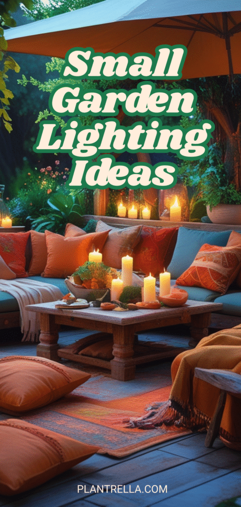 Patio seating area with cushions and candles, surrounded by plants, perfect for small garden lighting ideas.