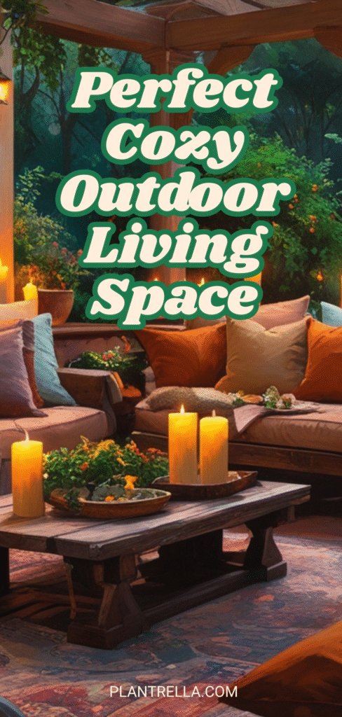 Garden patio with cushioned seating, wooden table, candles, and plants creating a cozy atmosphere.
