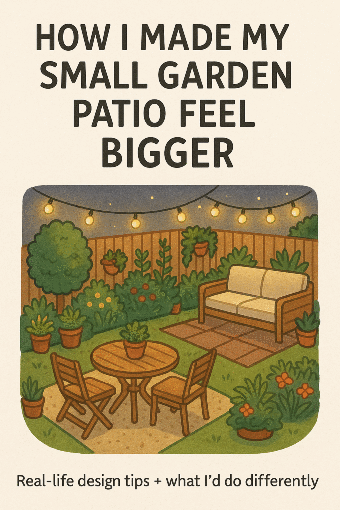 Illustration of a cozy garden patio with plants, string lights, seating, and tips on creative garden design.