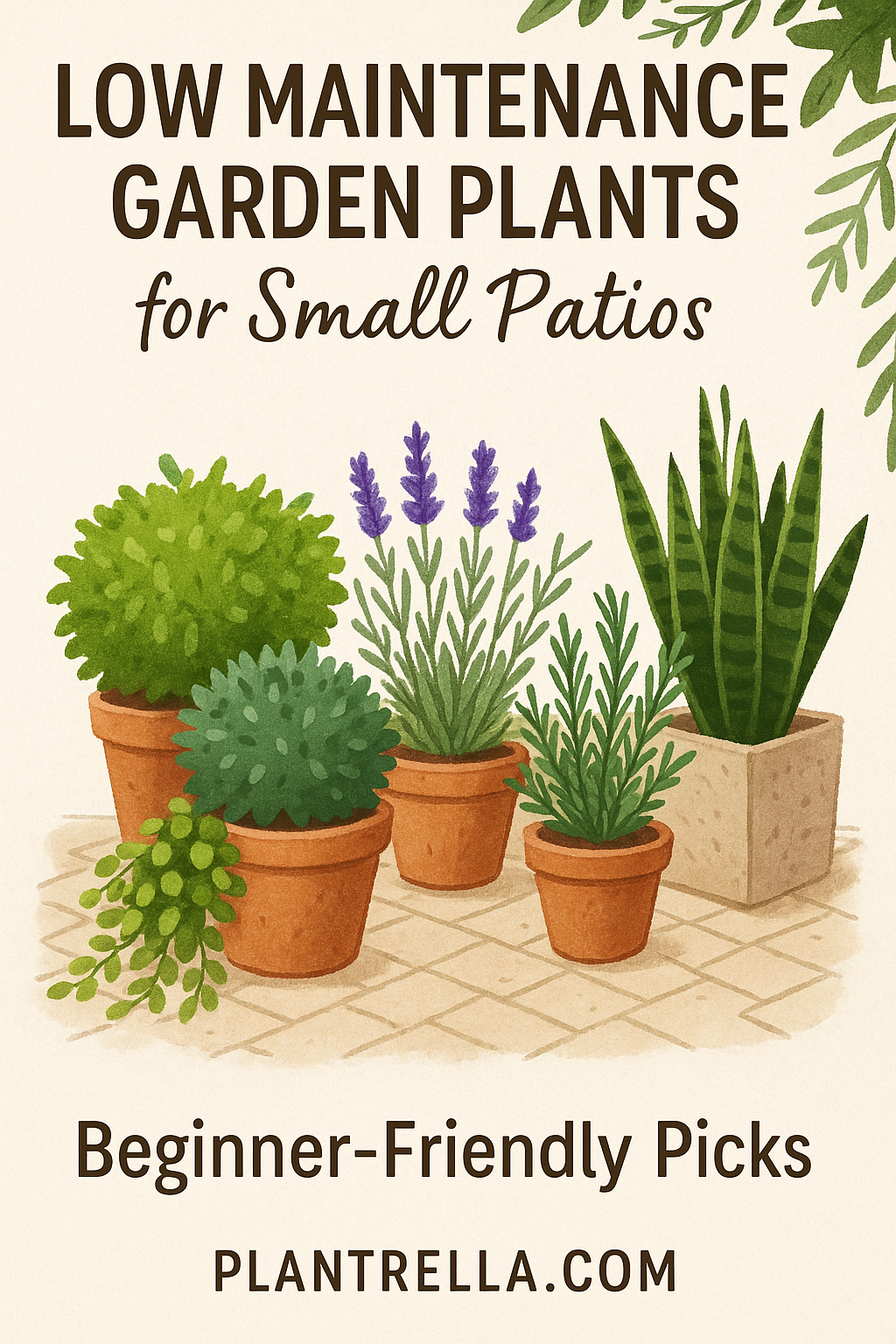 Illustration of potted garden plants with text promoting low maintenance, beginner-friendly options for any patio space.
