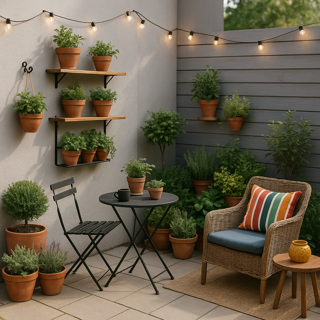 7 Small Garden Design Ideas for a Cozy, Functional Patio featuring a mix of hanging plants, terracotta pots, and a bistro table with folding chairs, set against a light gray wooden fence. The space is enhanced with a vibrant striped wicker armchair, creating a welcoming and functional outdoor retreat.