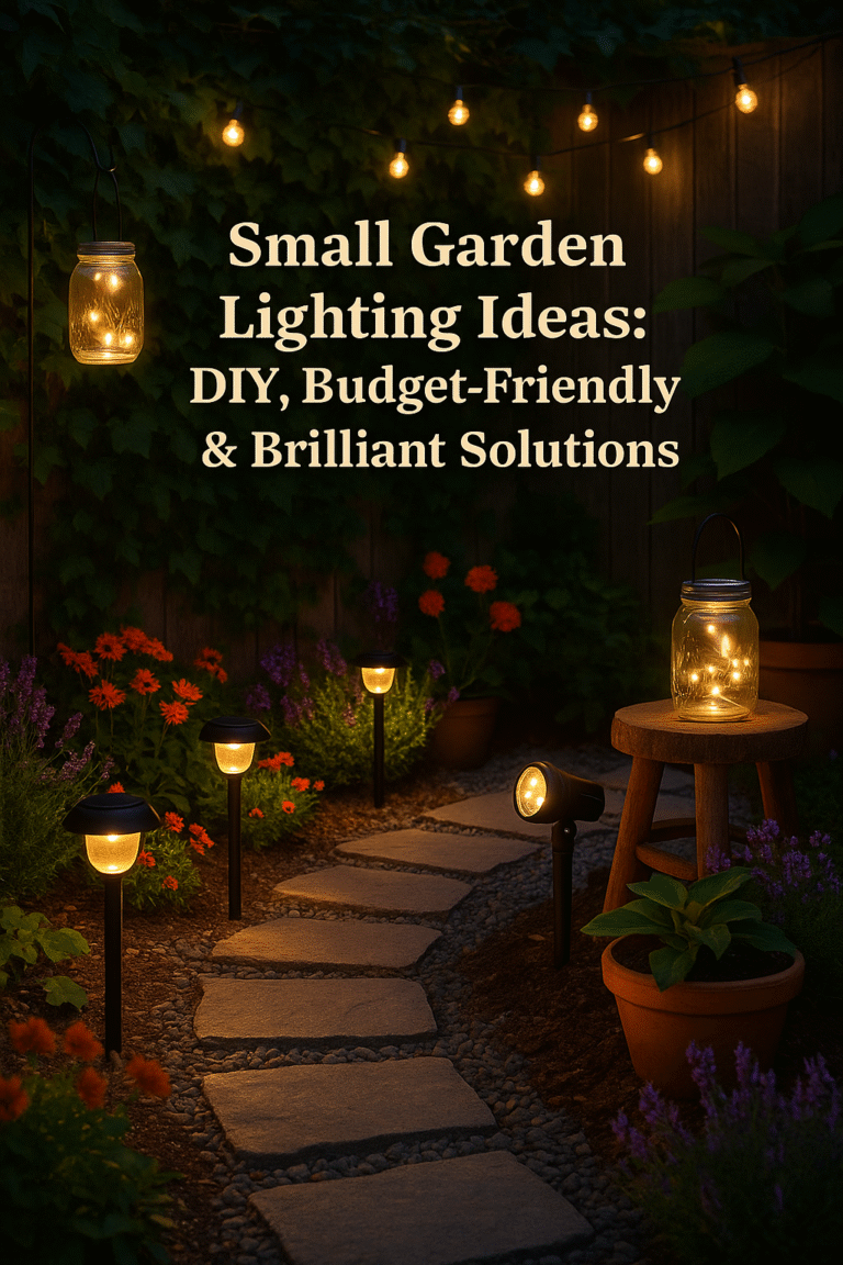 A small garden at dusk illuminated with solar garden lights along a winding stone path. DIY garden lighting with mason jar lanterns and string lights creates a warm, peaceful ambiance. The vibrant plants and rustic wooden fence enhance the cozy garden setting.