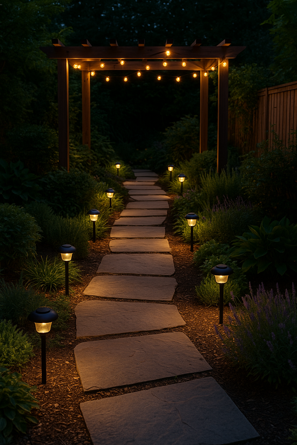 A serene garden path illuminated at dusk by solar-powered path lights along a stone walkway, leading to a pergola overhead strung with glowing string lights. Lush plants border the path, creating a cozy and inviting atmosphere.