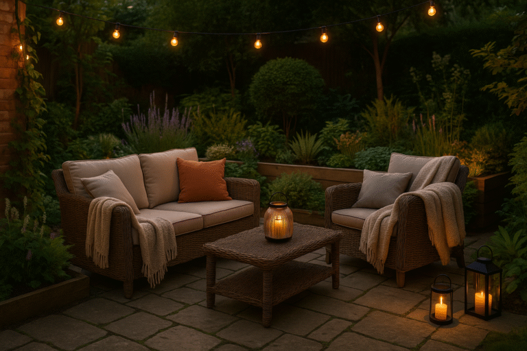 diy guide to garden furniture with cushions and blankets on a stone terrace, lit by string lights and candles, surrounded by plants.