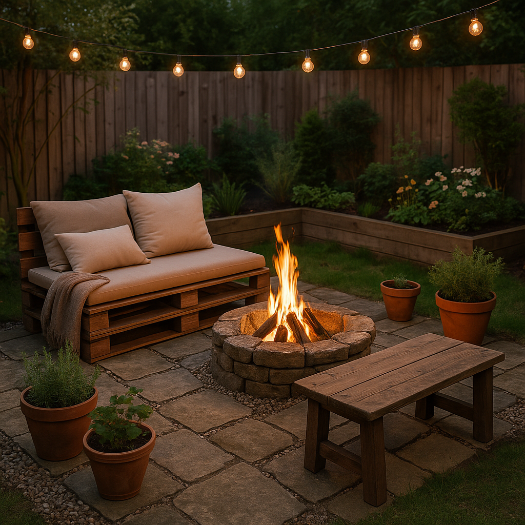 A cozy backyard patio with a fire pit, string lights, wooden seating, and potted plants on stone pavers.