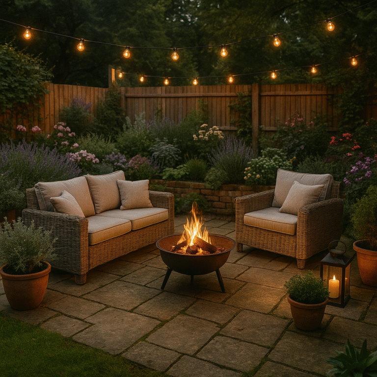 Patio with cushioned wicker furniture, fire pit, string lights, and potted plants on a stone terrace in a garden at dusk.