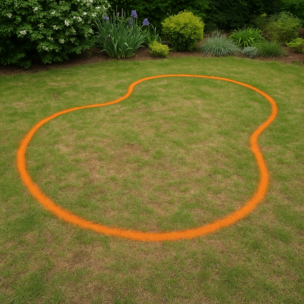 A patch of grass with an irregular orange line, surrounded by green plants, shrubs, and hints of small garden ponds nearby.