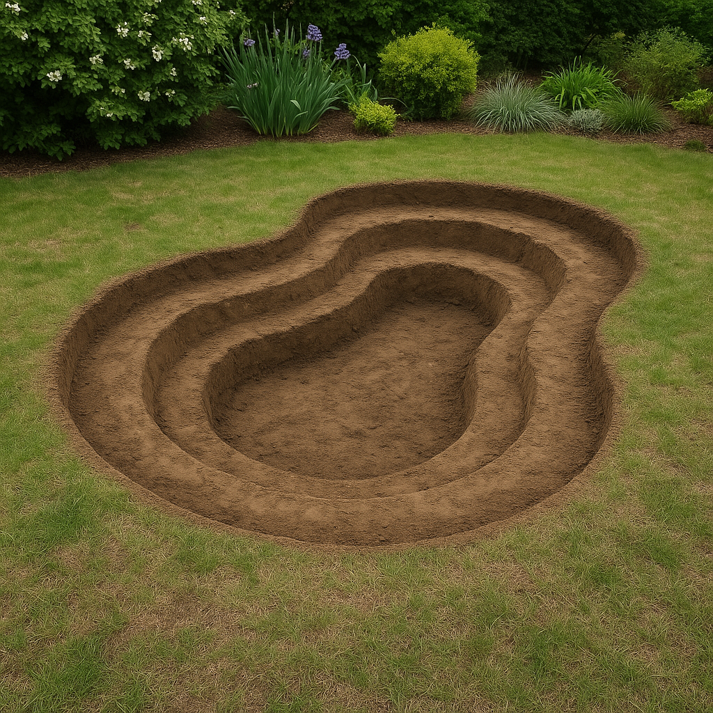 A three-tiered pond hole for small garden ponds, freshly dug among green plants and shrubs in a grassy garden area.