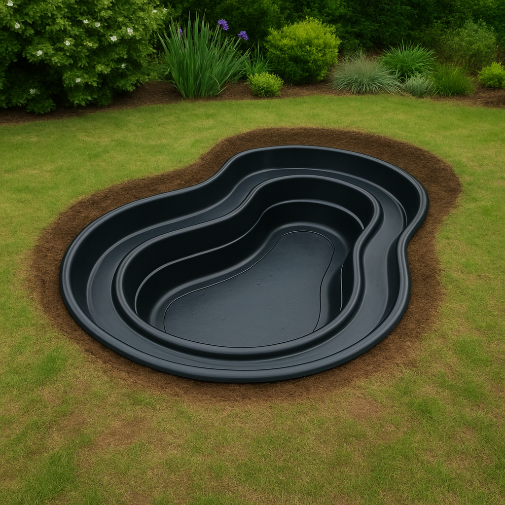 A black plastic liner for small garden ponds is partially installed in a grassy yard among green plants and shrubs.