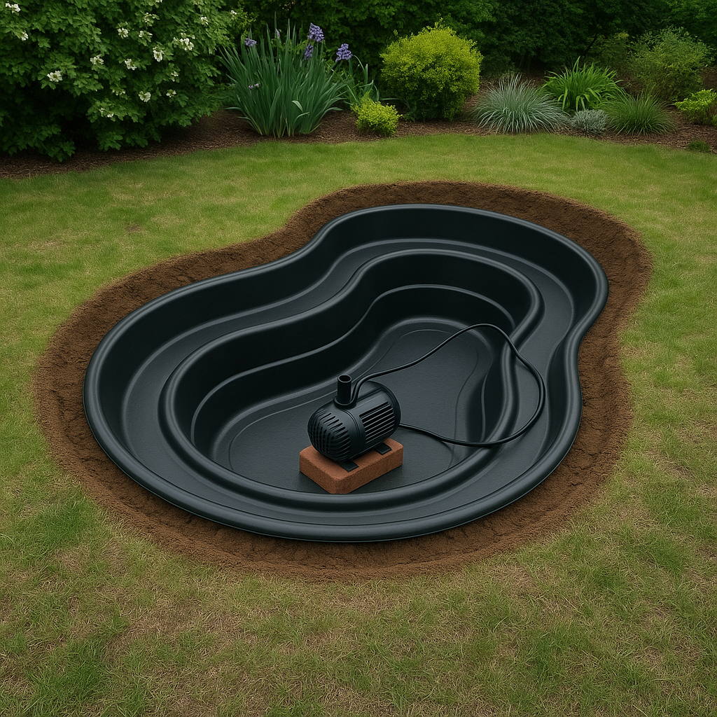 A black plastic pond liner and pump, perfect for Small Garden Ponds, placed in a hole in a grassy backyard garden.