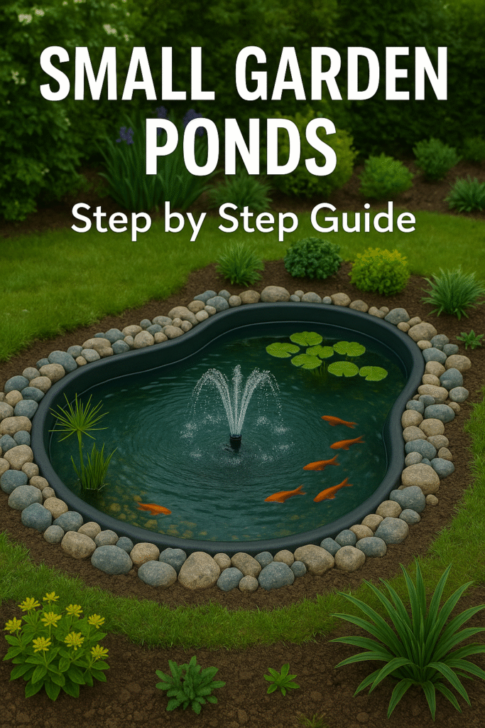 A small garden pond with a fountain, rocks, plants, and goldfish. Text reads: Small Garden Ponds Guide.