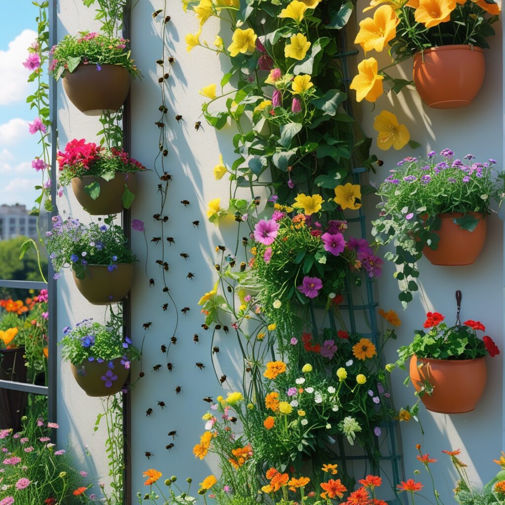 Potted flowers and climbing plants decorate a sunny outdoor wall, with colorful blooms and a cityscape in the background.