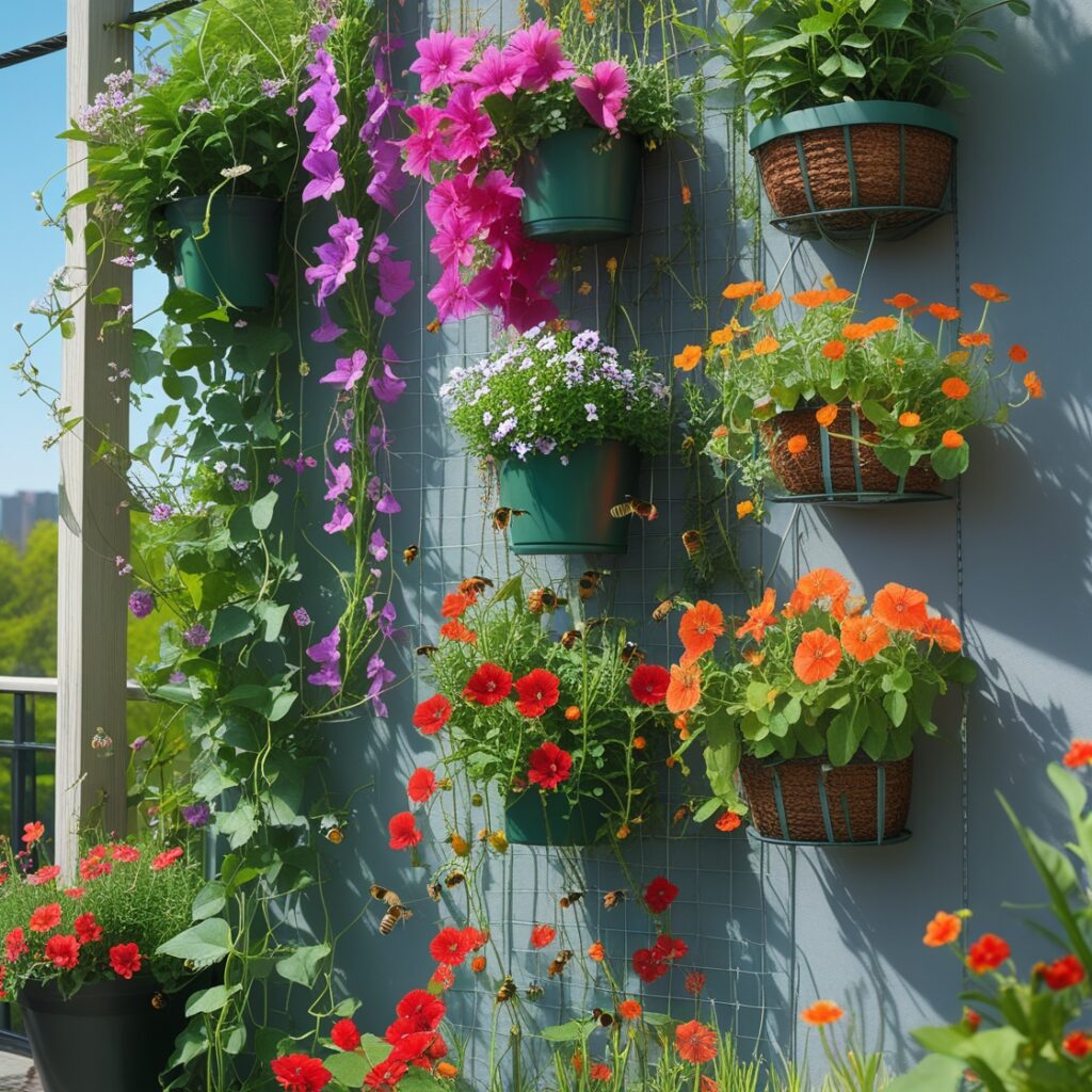Vertical garden with various colorful flowers in pots against a light blue wall on a sunny day.