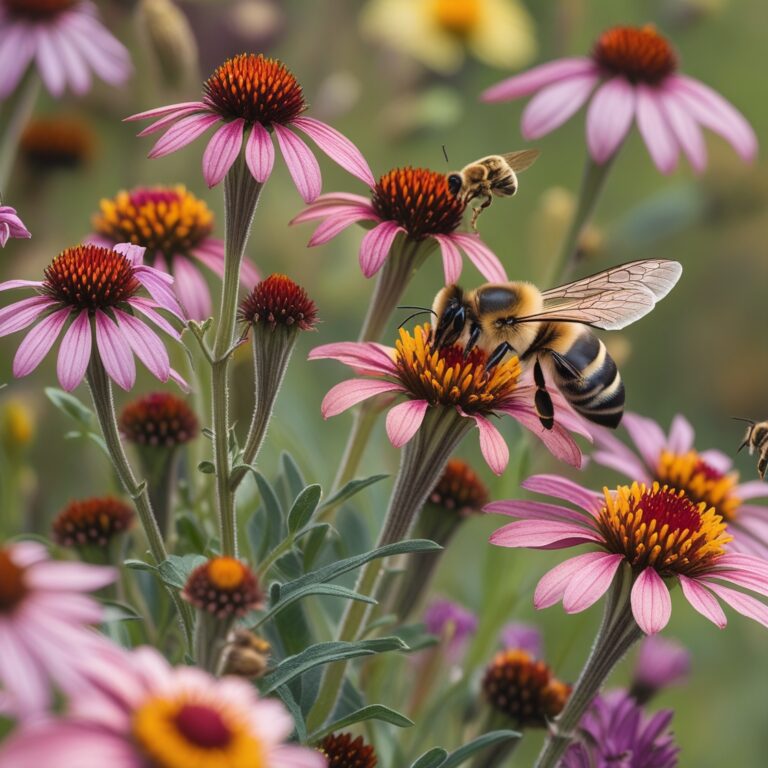 A closeup of bees collecting nectar from vibrant coneflowers in a wild garden of native plants.