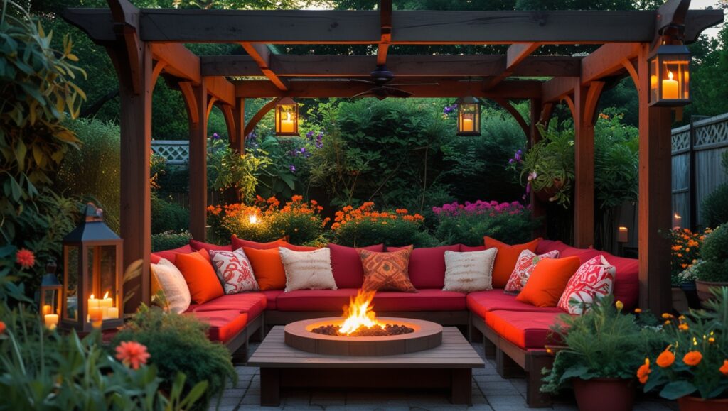 A cozy outdoor patio with a fire pit, red cushioned seating, hanging lanterns, and surrounding lush garden plants.
