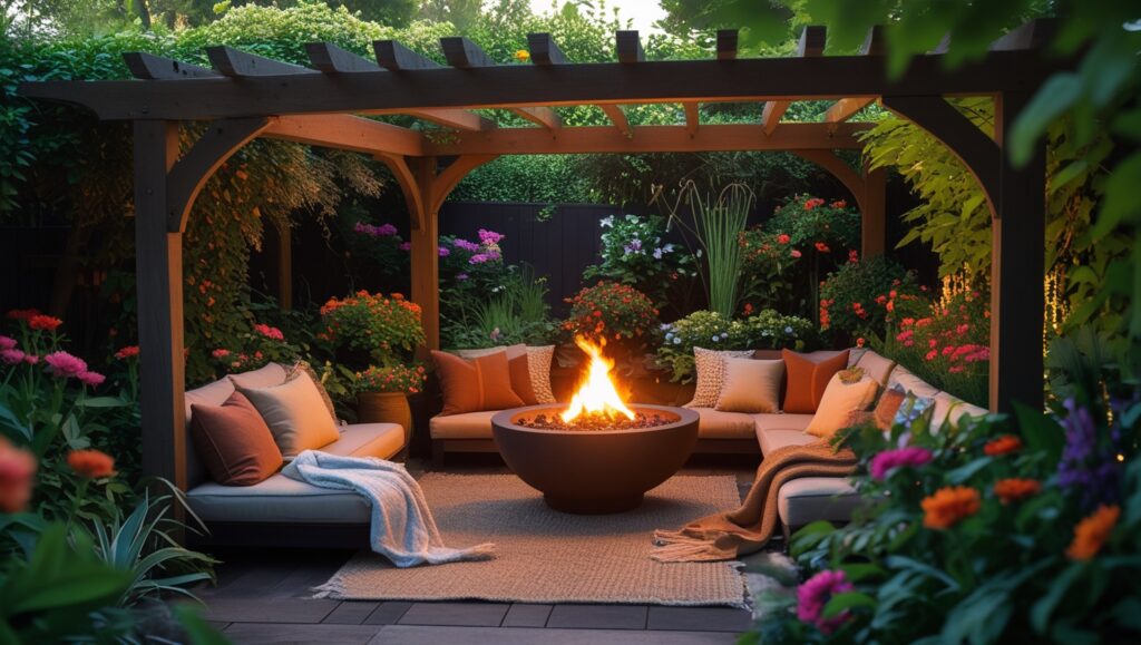 A backyard patio with cushioned seating, a fire pit, and lush flowering plants beneath a wooden pergola.