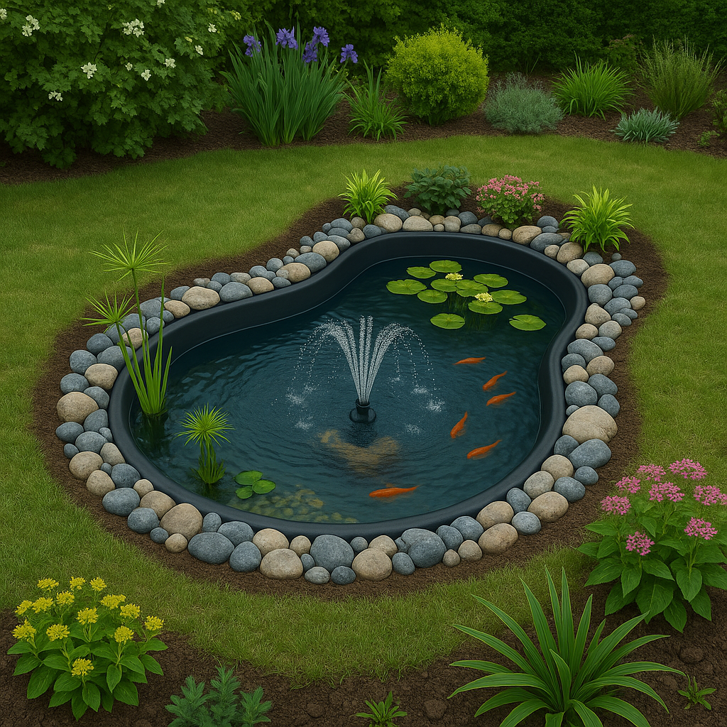 A small garden pond with a fountain, rocks, and flowers, where goldfish swim among the plants.