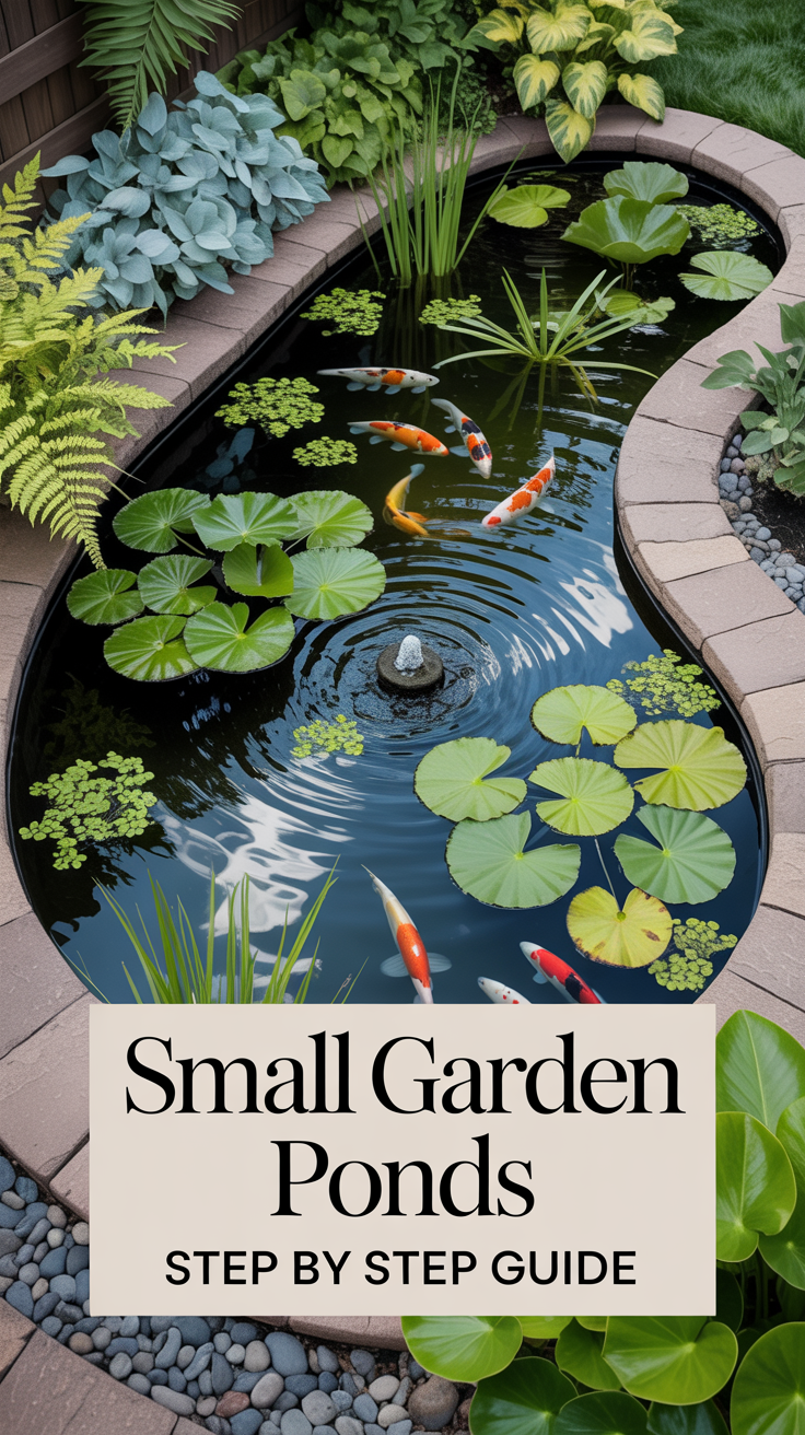 Curved small garden pond with koi fish, water lilies, and lush patio garden; "Small Garden Ponds Step by Step Guide.