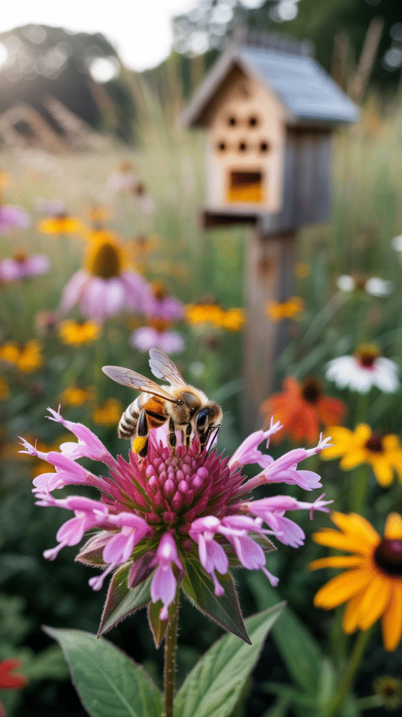A bee gathers nectar from a pink flower in a garden with a wooden bee house in the background.