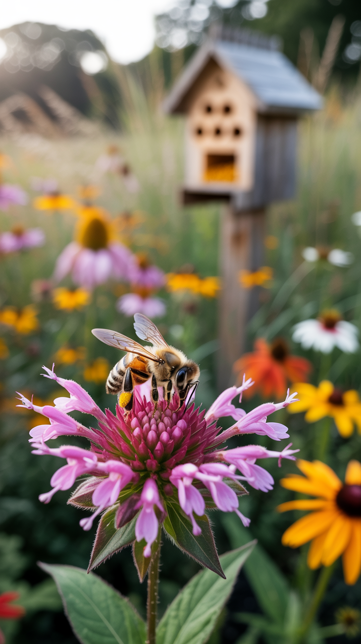 A bee gathers nectar from a pink flower in a garden with a wooden bee house in the background.