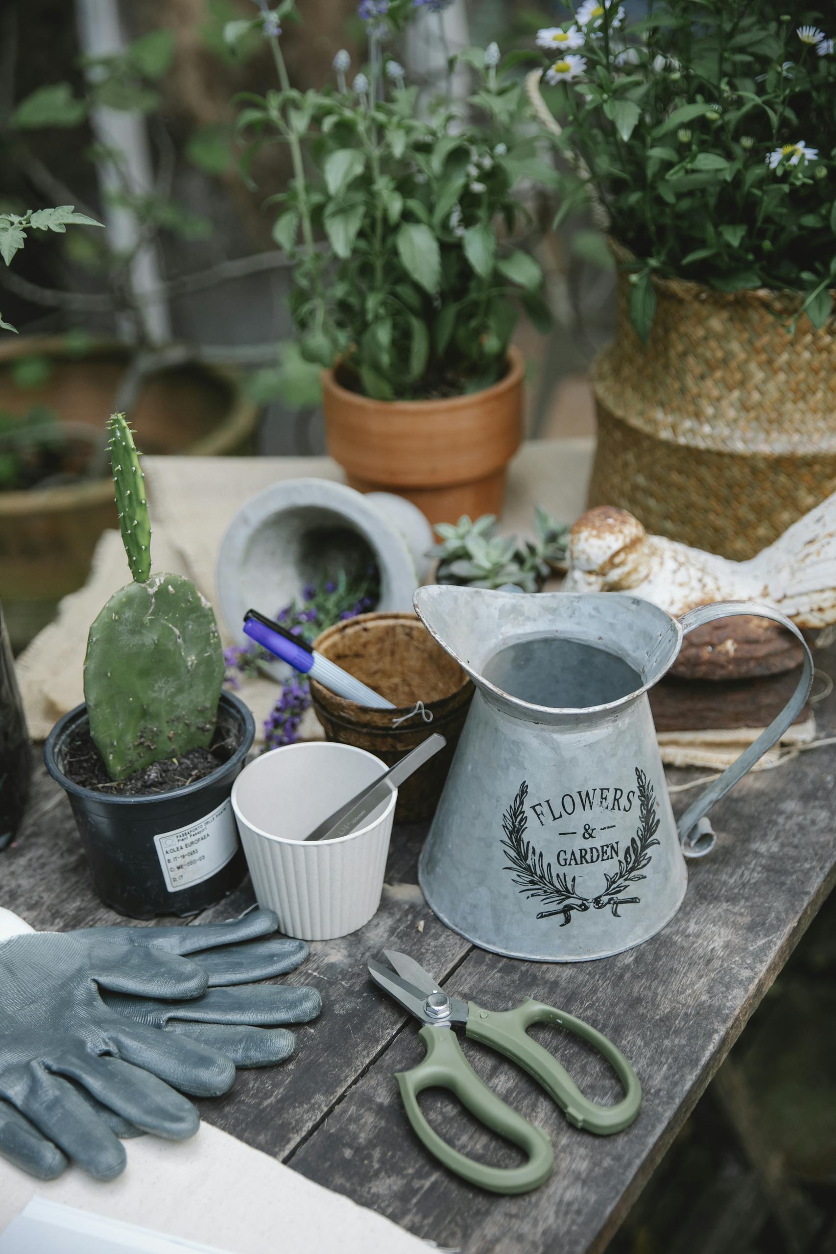 Gardening tools, potted plants, gloves, and a metal watering can are arranged on a wooden table.