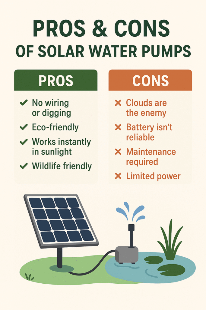 Infographic listing pros and cons of solar water pumps, with an illustration and a quick solar water pump review.