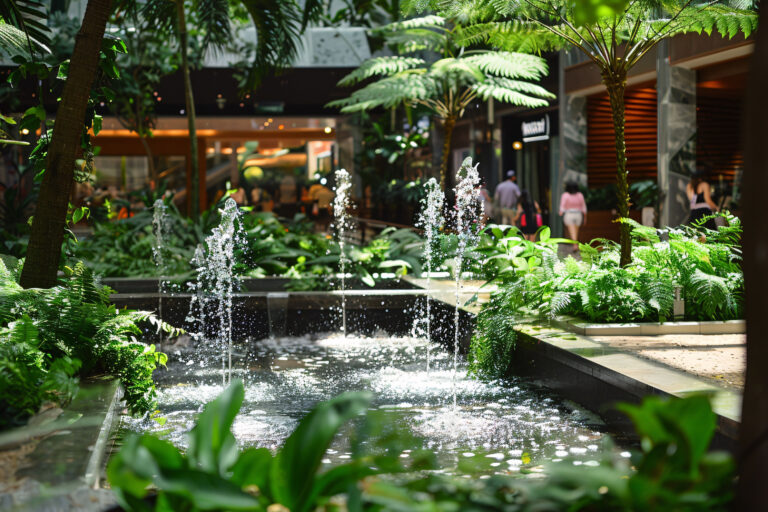 indoor garden with green plants and a solar water feature, its small jets light up your space, with people in the background.