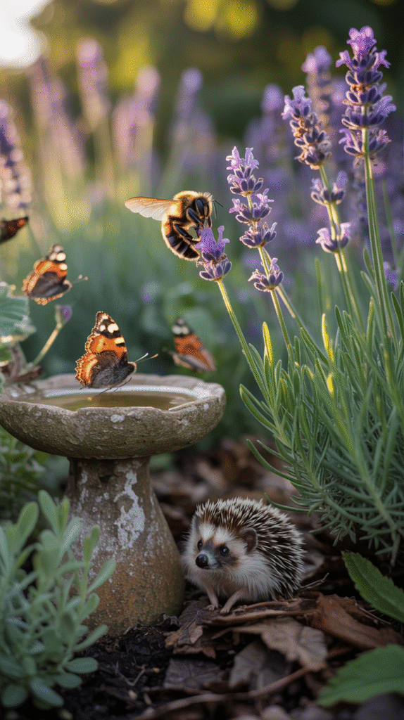 a hedgehog sits near a stone birdbath, among lavender, butterflies, and a bee in this wildlife friendly garden.