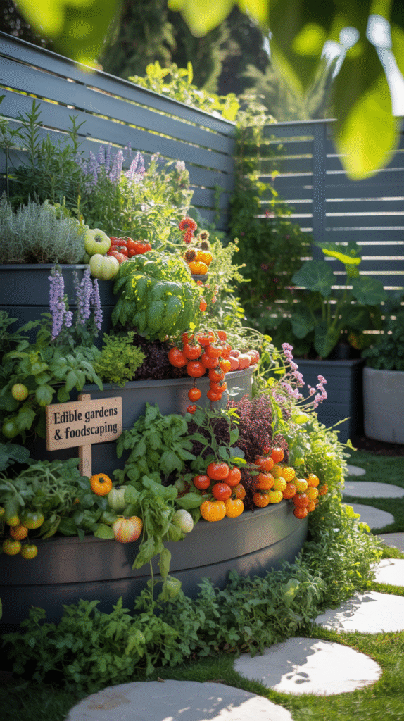 a tiered garden bed with veggies and herbs, labeled "growing food & foodscaping," in a fenced yard.
