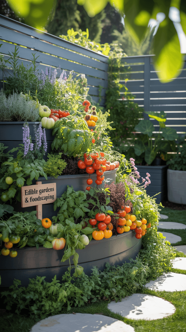 a tiered garden bed with veggies and herbs, labeled "growing food & foodscaping," in a fenced yard.